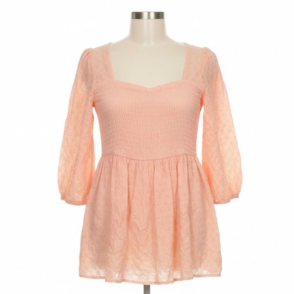 Torrid‎ 1X Peach Eyelet Smocked Blouse Sweetheart Neck Boho Peasant Puff Sleeve